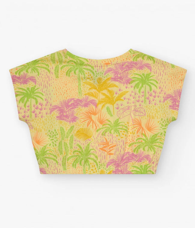 TucTuc NK Beach Stories Conjunto Niña Camiseta en amarillo con estampado tropical Falda-pantalón en crudo con bolsillos decorativos