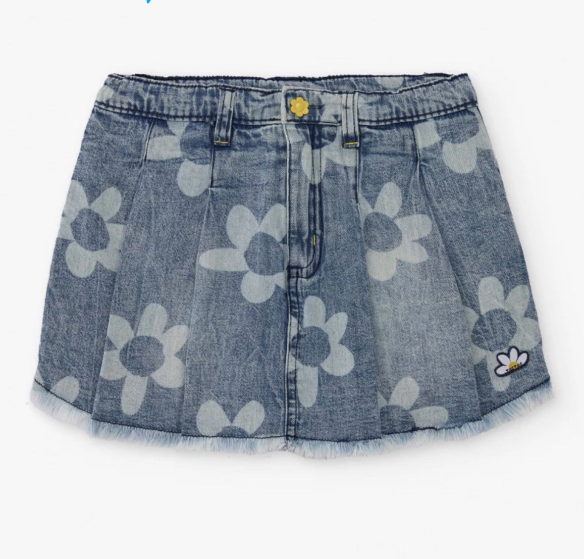 Tuc Tuc Conjunto Camiseta de punto para niña en blanco con volantes y flor bordada Falda vaquera en azul con estampado floral y bajo desflecado. Colección: Hey Buddies