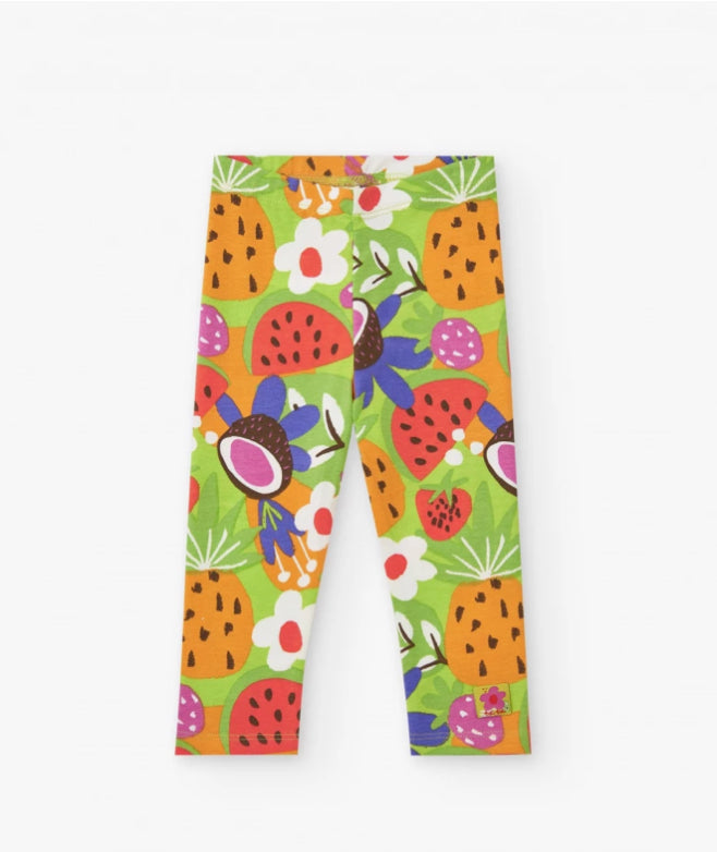 TucTuc Vacay Feelings Conjunto Camiseta Lila Para Niña Con Estampado Tropical, Mensaje Y Leggings Verde Con Estampado De Frutas Tropicales