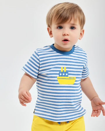 TUTTO PICCOLO CONJUNTO CAMISETA Y BERMUDAS PUNTO RAYAS AZUL ATLÁNTICO BEBÉ