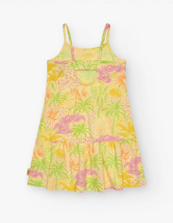 TucTuc NK Beach Stories Vestido para niña en amarillo con tirantes y estampado tropical
