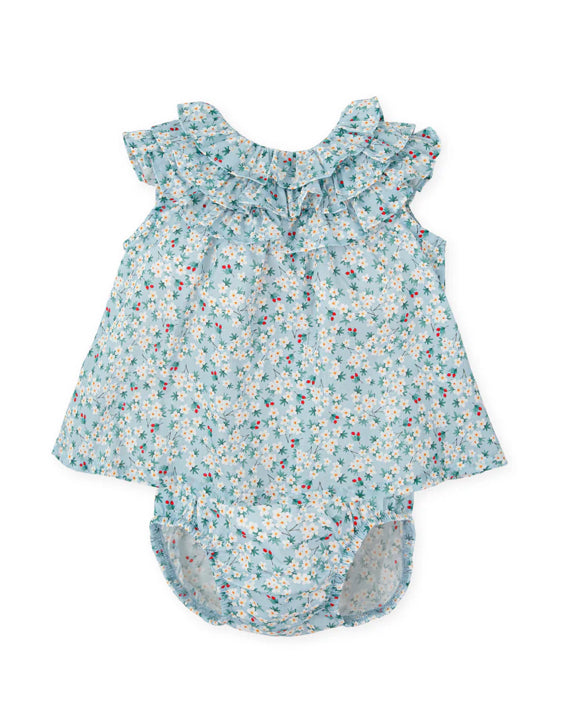 Tutto Piccolo Vestido Con Braguita Voile Flores Aguamarina Bebé