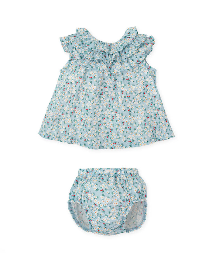 Tutto Piccolo Vestido Con Braguita Voile Flores Aguamarina Bebé