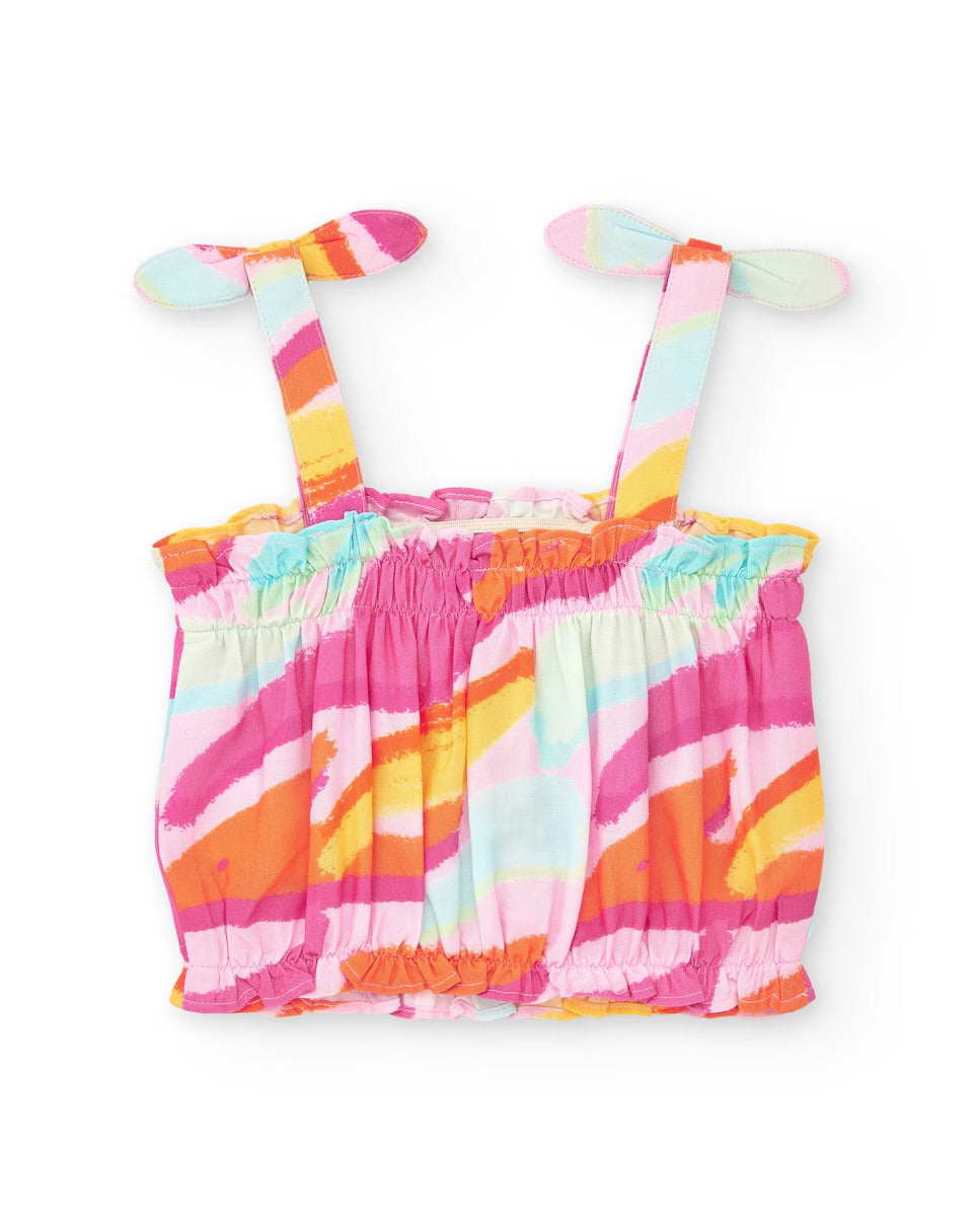 Tuc Tuc Conjunto Top y Pantalón rosa para niña con estampado multicolor y lazos en los tirantes