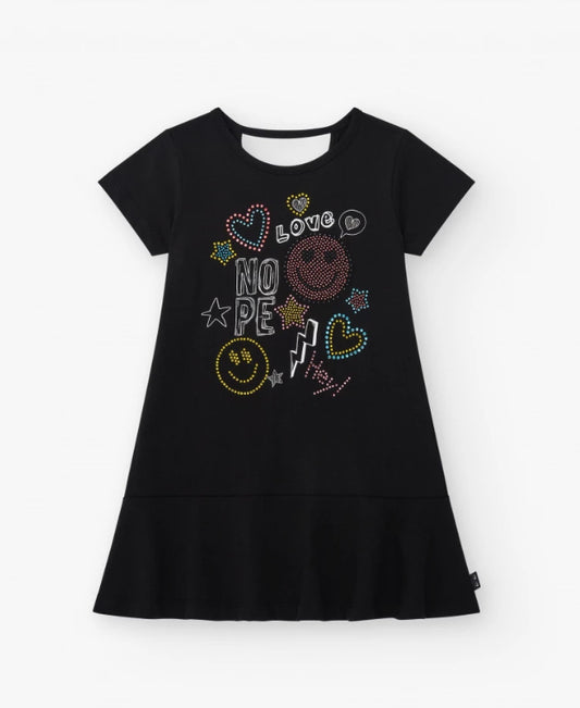 TucTuc NK The Summer Diary Vestido para niña en negro de manga corta y decorado con apliques de colores