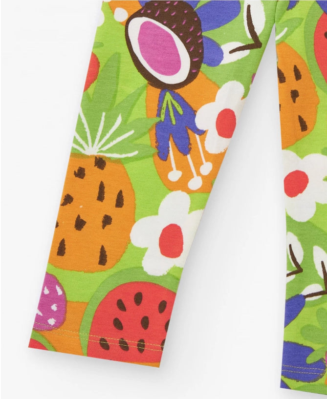 TucTuc Vacay Feelings Conjunto Camiseta Lila Para Niña Con Estampado Tropical, Mensaje Y Leggings Verde Con Estampado De Frutas Tropicales