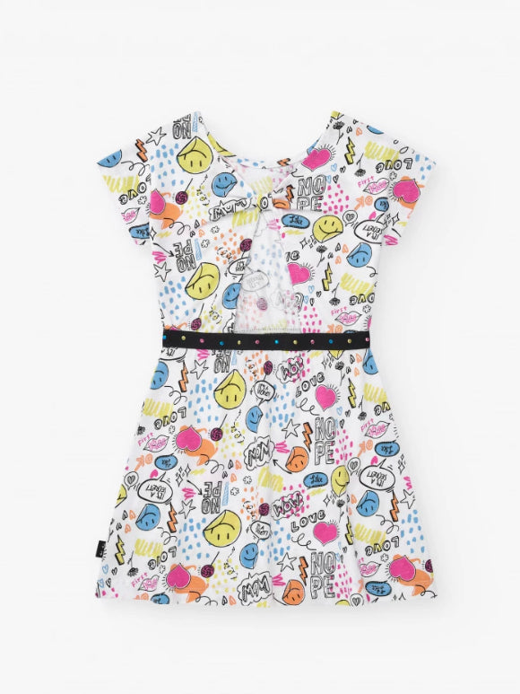 TucTuc NK The Summer Diary Vestido para niña en blanco con cinturón decorativo y estampado frontal