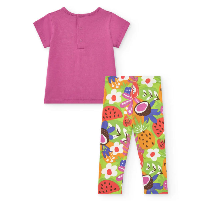 TucTuc Vacay Feelings Conjunto Camiseta Lila Para Niña Con Estampado Tropical, Mensaje Y Leggings Verde Con Estampado De Frutas Tropicales