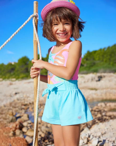 TucTuc Pantalón Corto Azul Para Niña Con Cintura Elástica Y Lazo