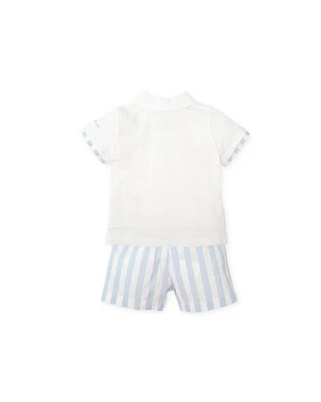 TUTTO PICCOLO CONJUNTO POLO Y BERMUDAS PUNTO Y FIL A FIL RAYAS AZUL CIELO BEBÉ