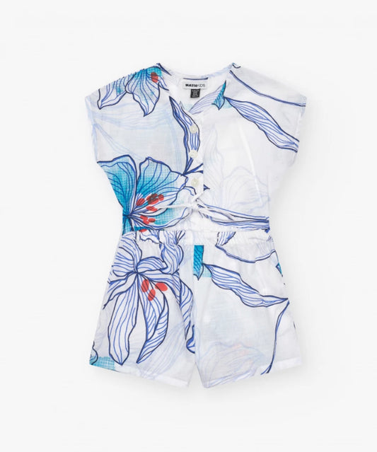 TucTuc NK Beyond The Beach Mono corto para niña en blanco con cintura elástica y estampado floral