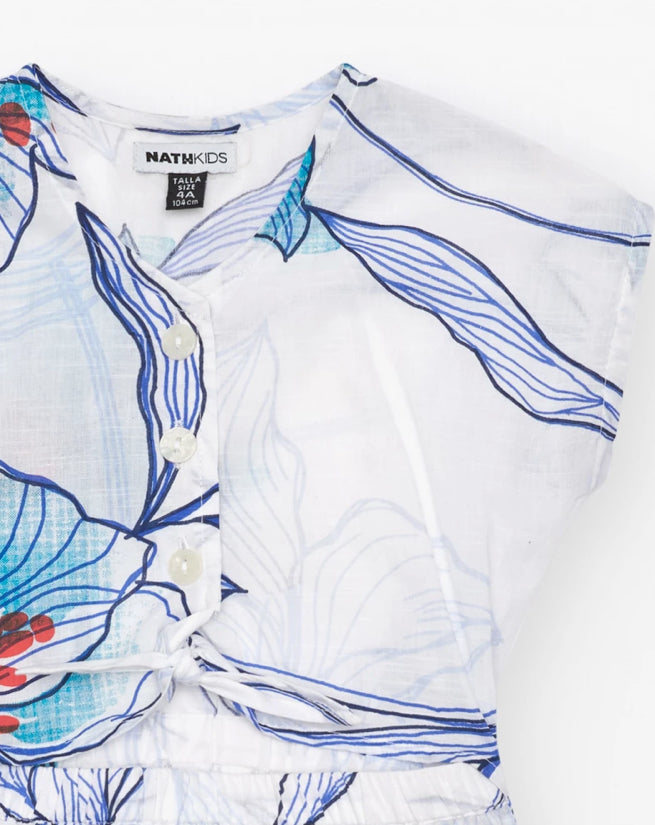 TucTuc NK Beyond The Beach Mono corto para niña en blanco con cintura elástica y estampado floral