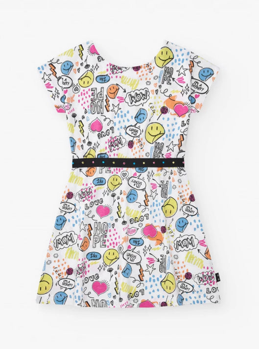 TucTuc NK The Summer Diary Vestido para niña en blanco con cinturón decorativo y estampado frontal