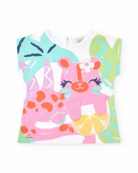 Tuc Tuc Conjunto Camiseta blanca para niña con estampado tropical y cierre trasero Pantalón corto azul para niña con cintura elástica y lazo. Colección: Sunrise Is A Lemon