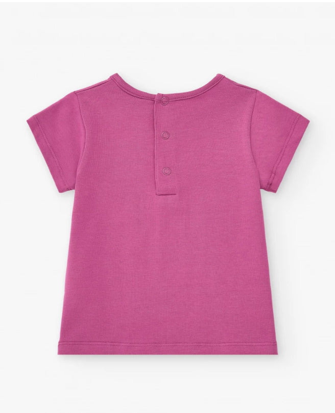 TucTuc Vacay Feelings Conjunto Camiseta Lila Para Niña Con Estampado Tropical, Mensaje Y Leggings Verde Con Estampado De Frutas Tropicales