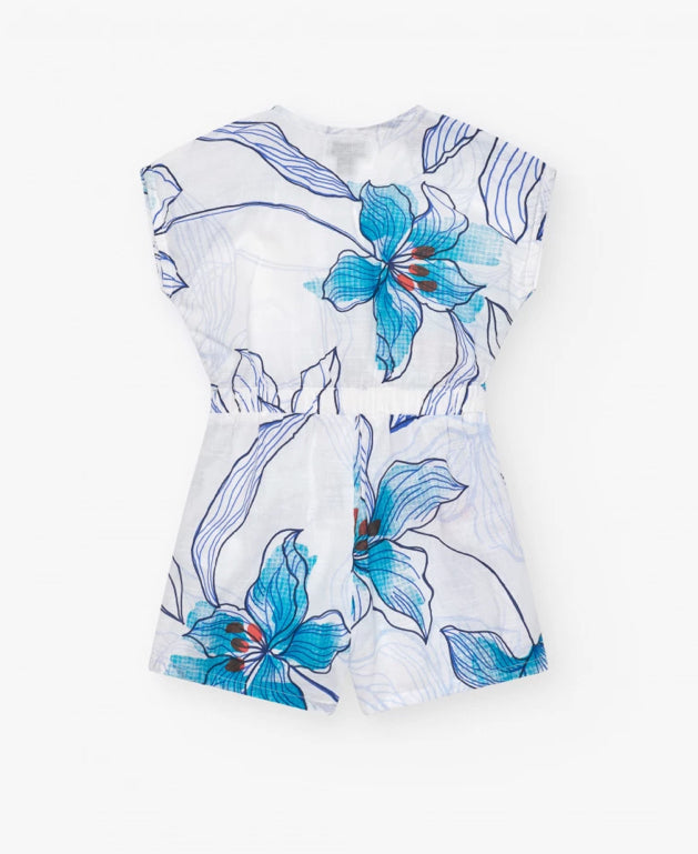 TucTuc NK Beyond The Beach Mono corto para niña en blanco con cintura elástica y estampado floral