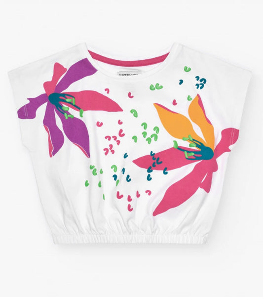 TucTuc NK Tropicale Vibes Conjunto Niña Camiseta en blanco de manga corta y estampado floral Pantalón en denim con cremallera y bolsillos