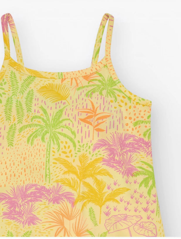 TucTuc NK Beach Stories Vestido para niña en amarillo con tirantes y estampado tropical
