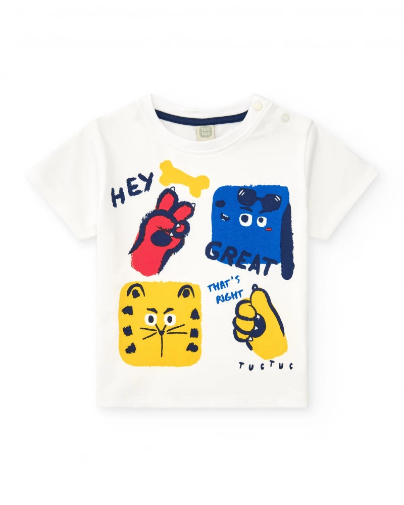 Tuc Tuc Conjunto Camiseta para niño en blanco con Estampados Coloridos y Bermudas Mostaza. Colección: Hey Buddies