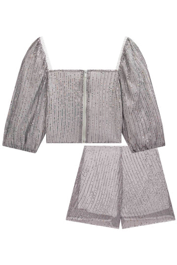 Lilimoon conjunto cropped y short en lentejuelas plateado