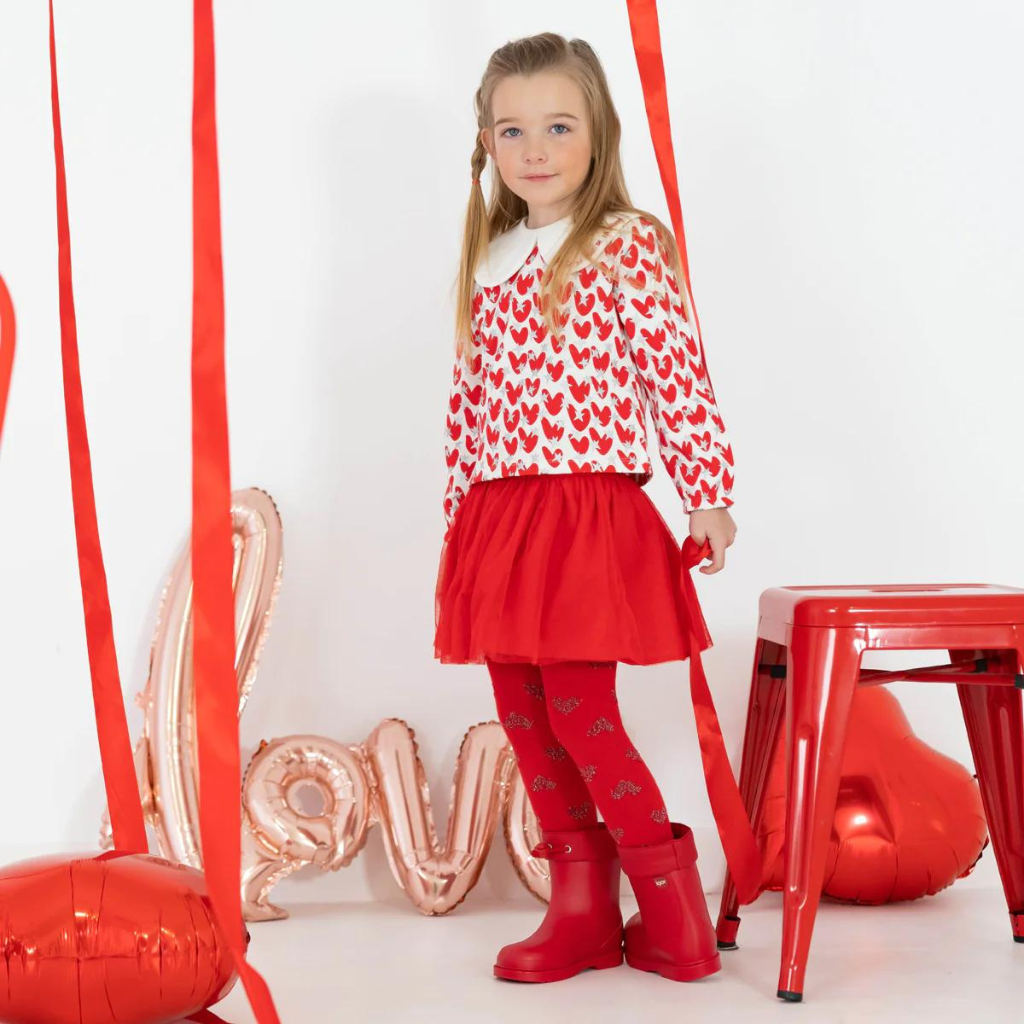 Agatha Ruiz De La Prada Red and Silver Hearts Shirt with Tulle Skirt and Leotards Set