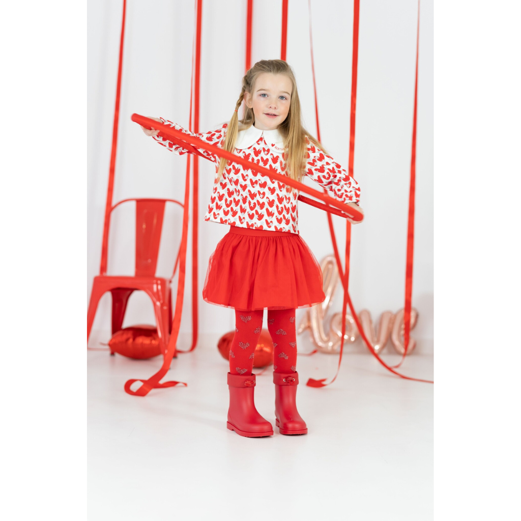Agatha Ruiz De La Prada Red and Silver Hearts Shirt with Tulle Skirt and Leotards Set