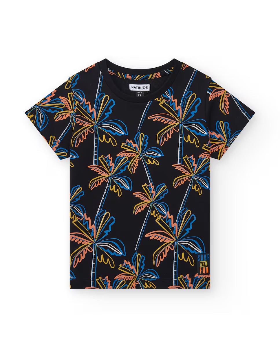 TUC TUC Conjunto Camiseta para niño en negro con estampado tropical Bermuda en negro con bolsillo lateral y cordón de ajuste