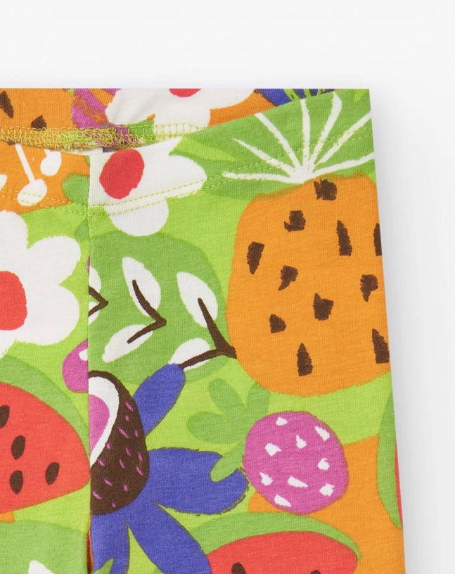TucTuc Vacay Feelings Conjunto Camiseta Lila Para Niña Con Estampado Tropical, Mensaje Y Leggings Verde Con Estampado De Frutas Tropicales