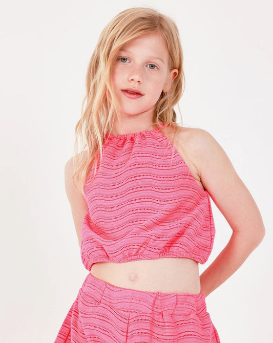 TucTuc NK Honolulu Conjunto Niña Top en rosa con tirantes y cintura elástica y Short multicolor con estampado tropical y cintura elástica
