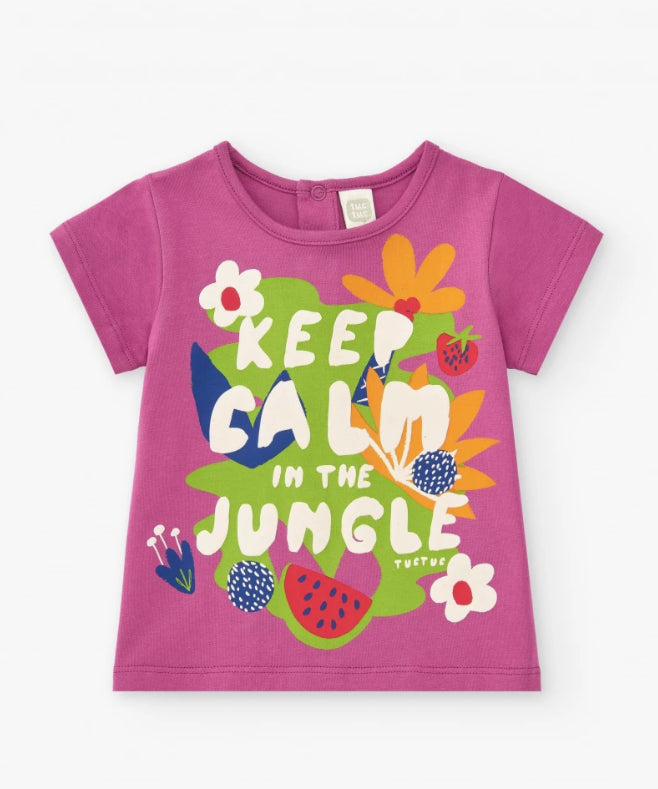 TucTuc Vacay Feelings Conjunto Camiseta Lila Para Niña Con Estampado Tropical, Mensaje Y Leggings Verde Con Estampado De Frutas Tropicales