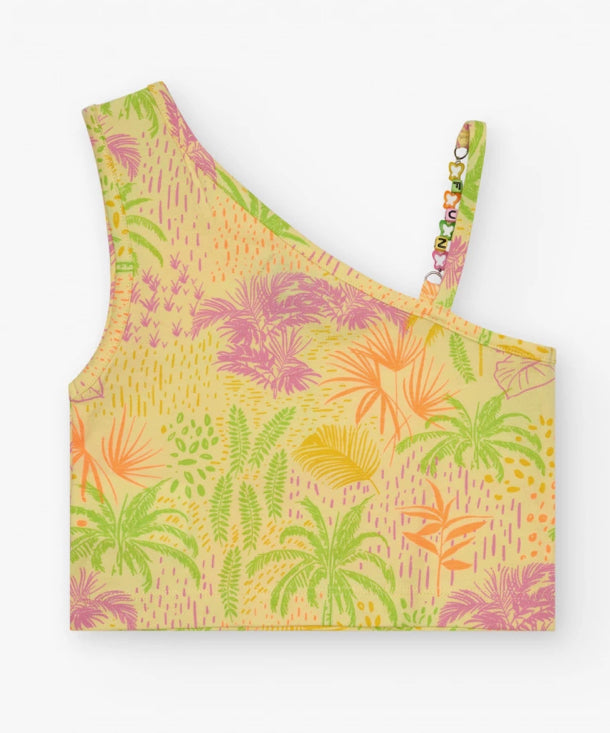 TucTuc NK Beach Stories Conjunto Niña Top para en amarillo y tirantes con cuentas de colores Falda en amarillo con estampado tropical y cintura elástica
