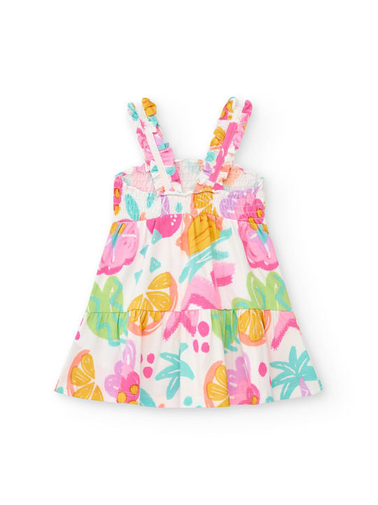 TucTuc Sunrise is a Lemon Vestido blanco para niña con estampado floral y tirantes fruncidos. Colección: Sunrise Is A Lemon
