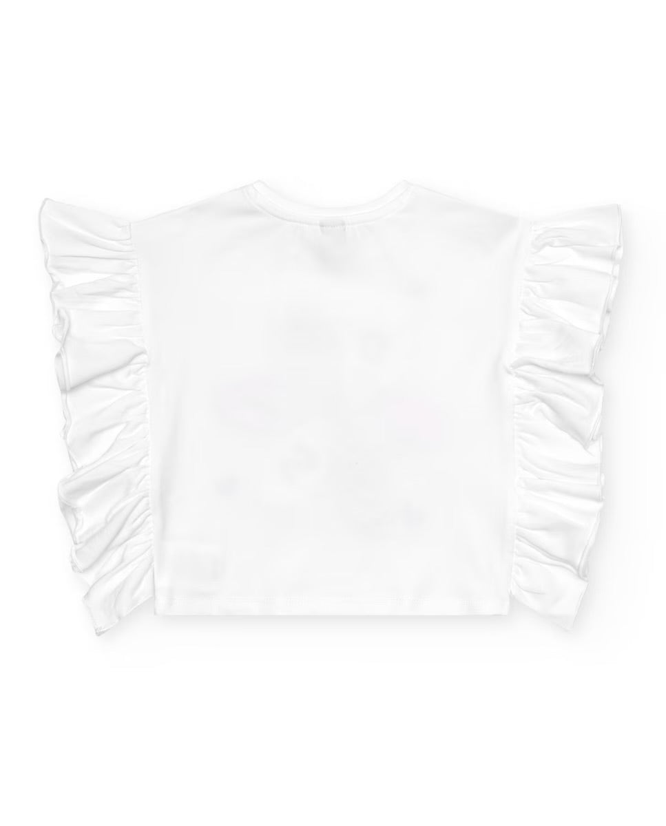 TucTuc Camiseta De Punto Para Niña En Blanco Con Volantes Y Flor Bordada. (Blusa Solamente) Colección: Hey Buddies