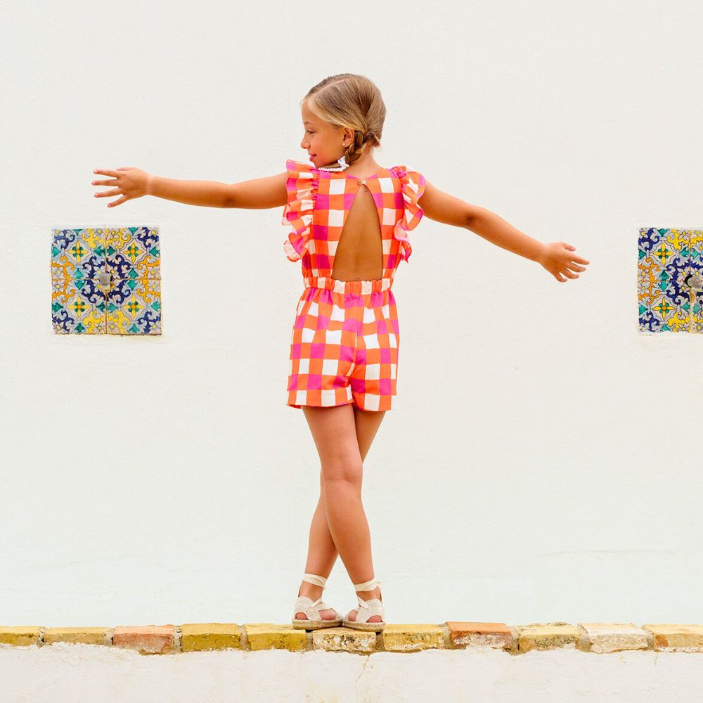 José Varón - Mono Corto Cuadro Naranja, Fushia y Blanco