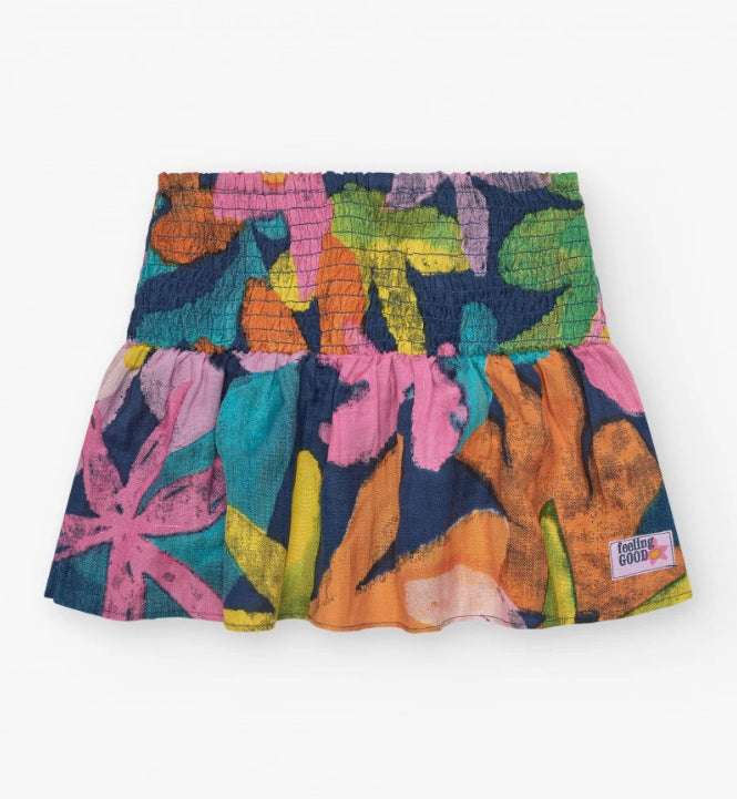 TucTuc NK Sun  Lover Conjunto Blusa para niña multicolor con tirantes anchos y ajuste nido de abeja y Falda multicolor con cintura elástica fruncida