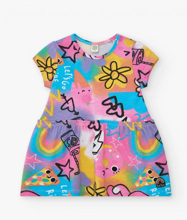 Tuc Tuc Vestido para niña en rosa con estampado de estrellas y arcoíris