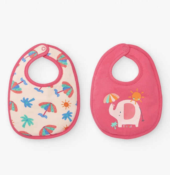 TucTuc Tropical Summer Pack De Dos Baberos Para Niña Rosa Con Estampados De Elefantes, Paraguas Y Palmeras