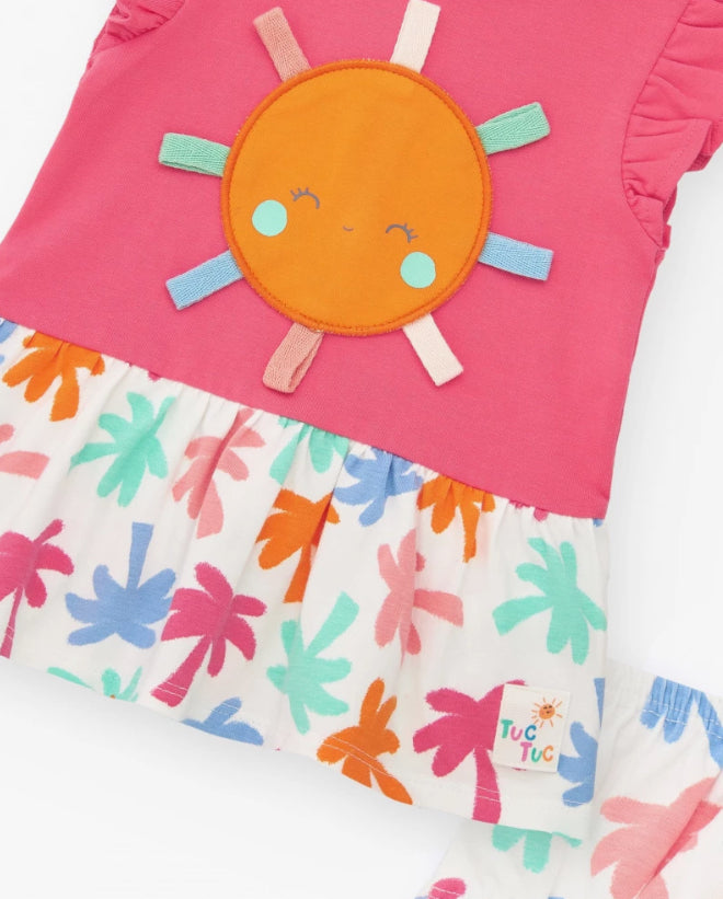TucTuc Tropical Summer Conjunto Fucsia Para Niña Con Vestido De Sol Y Braguita Con Estampado Tropical