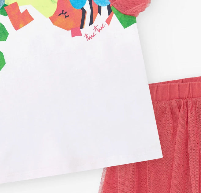 TucTuc Conjunto Para Niña Con Camiseta Blanca De Mangas De Tul Y Legging Rosa Con Falda De Tul. Colección: Color The Sea