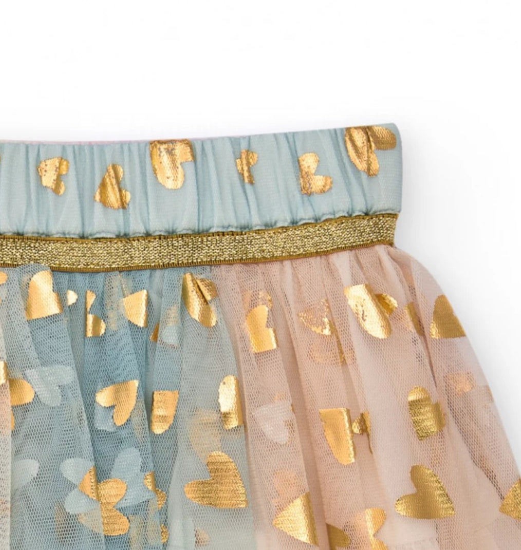 TucTuc Conjunto Camiseta Estampado Corazones Falda Tul Rosa Estampado Corazones Dorados