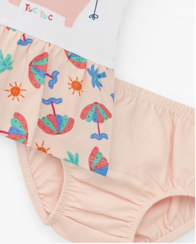 TucTuc Tropical Summer Conjunto Blanco Para Niña Con Vestido De Elefante Y Braguita Tropical