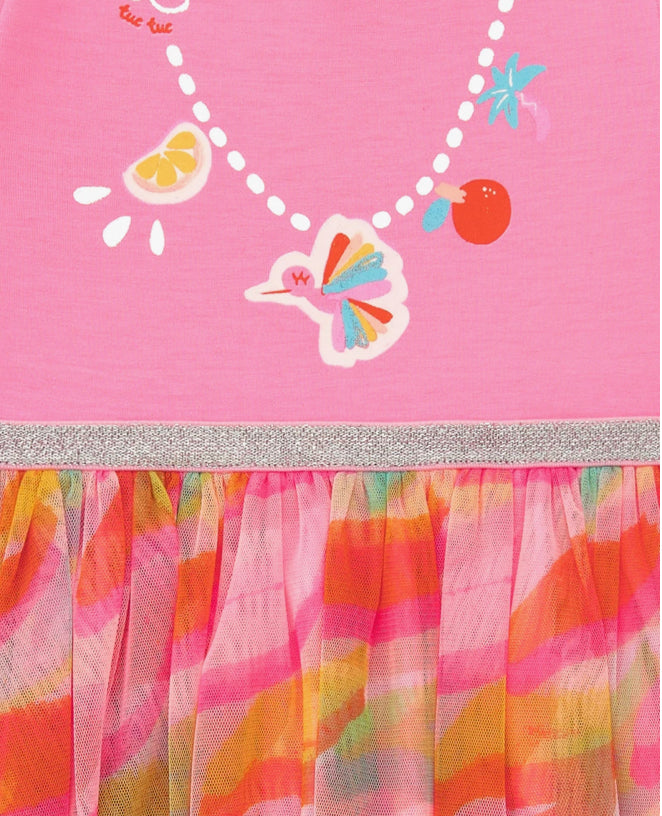TucTuc Vestido Rosa Para Niña Con Falda Estampada Y Ribete Plateado. Colección: Sunrise Is A Lemon
