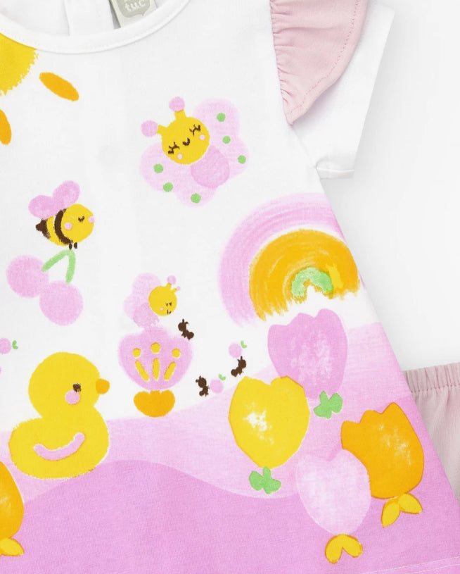 TucTuc Berry Sweet Conjunto De Punto Para Niña Con Vestido Blanco Estampado