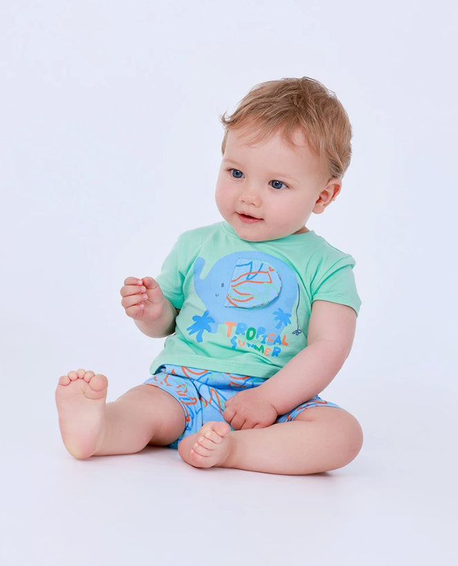 TucTuc Pelele Para Niño Con Estampado De Elefante Y Hojas En Tonos Azul, Verde Y Naranja