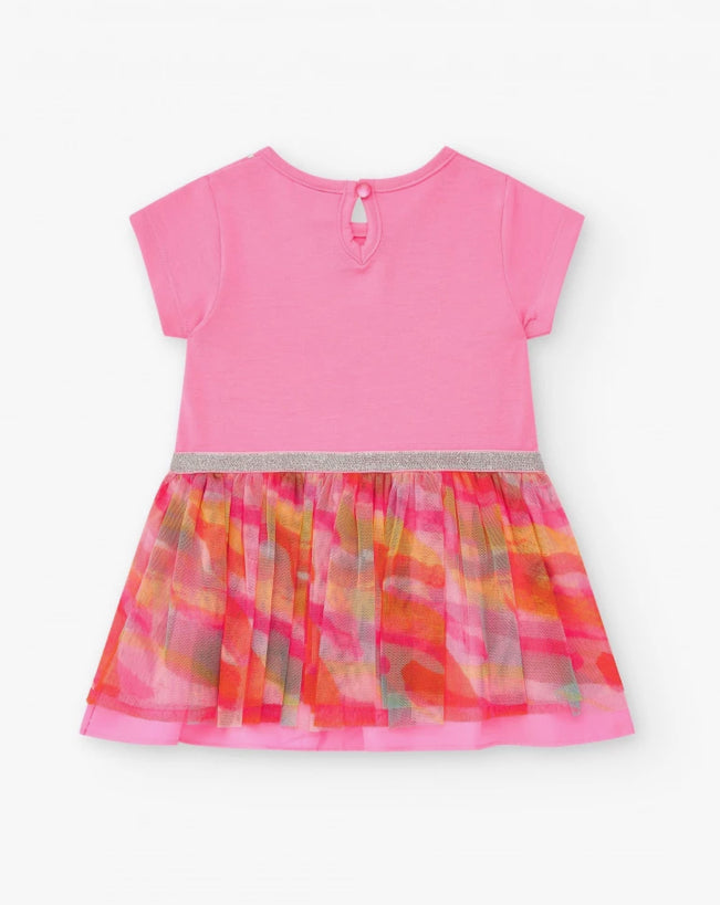 TucTuc Vestido Rosa Para Niña Con Falda Estampada Y Ribete Plateado. Colección: Sunrise Is A Lemon