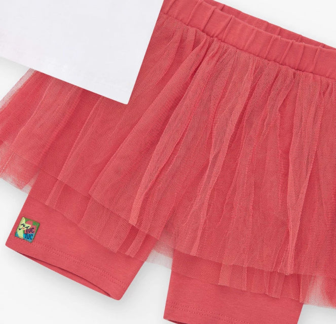 TucTuc Conjunto Para Niña Con Camiseta Blanca De Mangas De Tul Y Legging Rosa Con Falda De Tul. Colección: Color The Sea