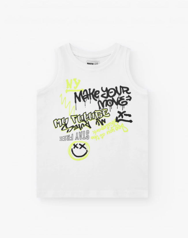 TUC TUC Conjunto Camiseta sin mangas para niño en blanco con mensaje estampado Con Bañador estampado de emoticonos.