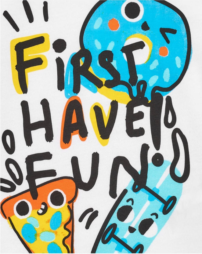 TucTuc First Have Fun Camiseta Para Niño En Blanco Con Pizzas Y Frases