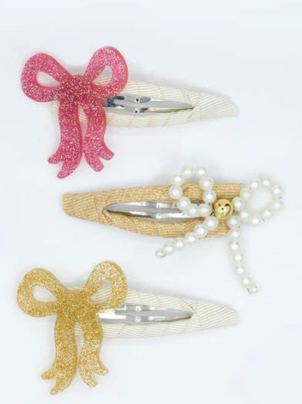 Lilies & Roses Bows Fany in Gold, Pearl, and Vintage Pink Snap Clips