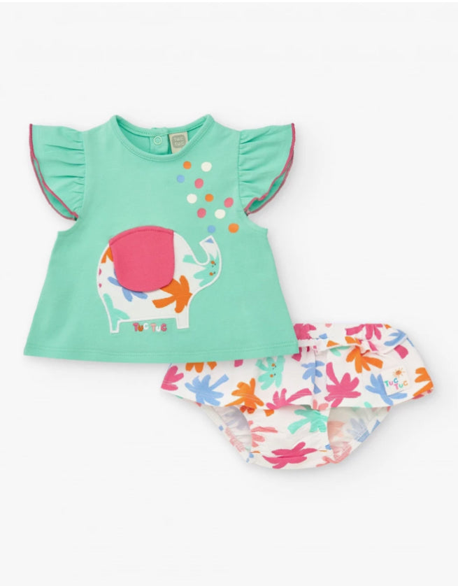 TucTuc Tropical Summer Conjunto Verde Para NiñaCon Camiseta De Elefante Y Braguita Blanca Con Hojas Tropicales